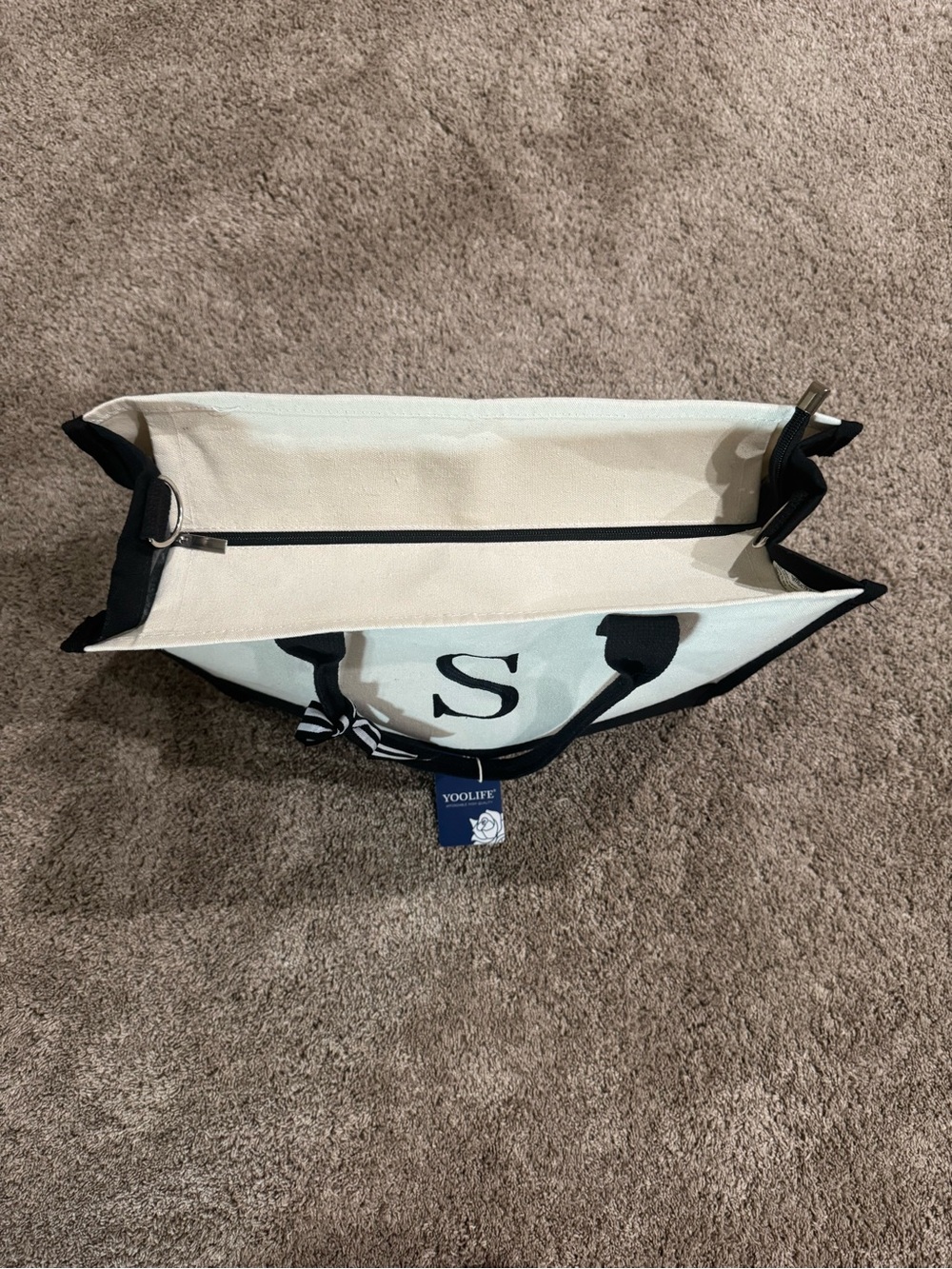 Black & White Canvas Tote Bag with S Monogram - Picture 3 of 6